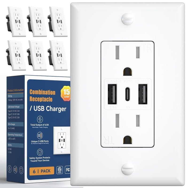 Amico 6.0A USB Outlet 6 Pack, 3-Port 30W Wall Outlets with 2 Type A & 1 Type C, 15 Amp Receptacle Plug, Tamper Resistant Receptacle, Wall Plate Included, ETL Listed, White - Image 1